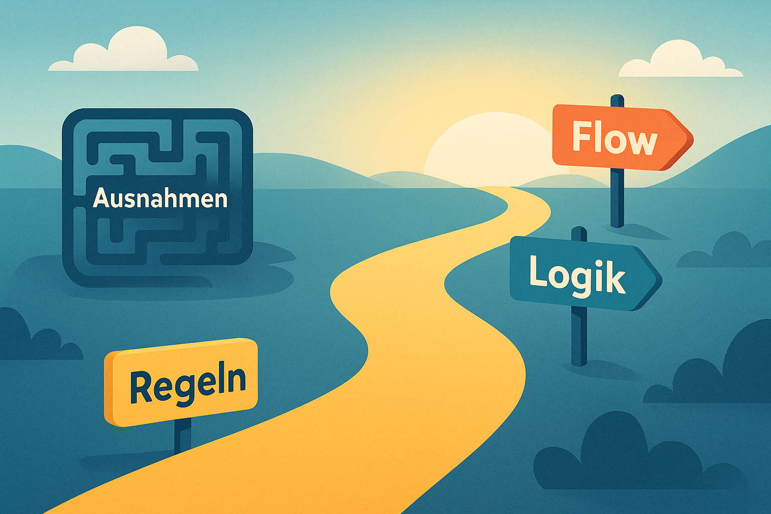 Warum Deutsch leichter als Englisch ist: freundlicher Pfad mit Wegweisern für Logik, Regeln und Flow