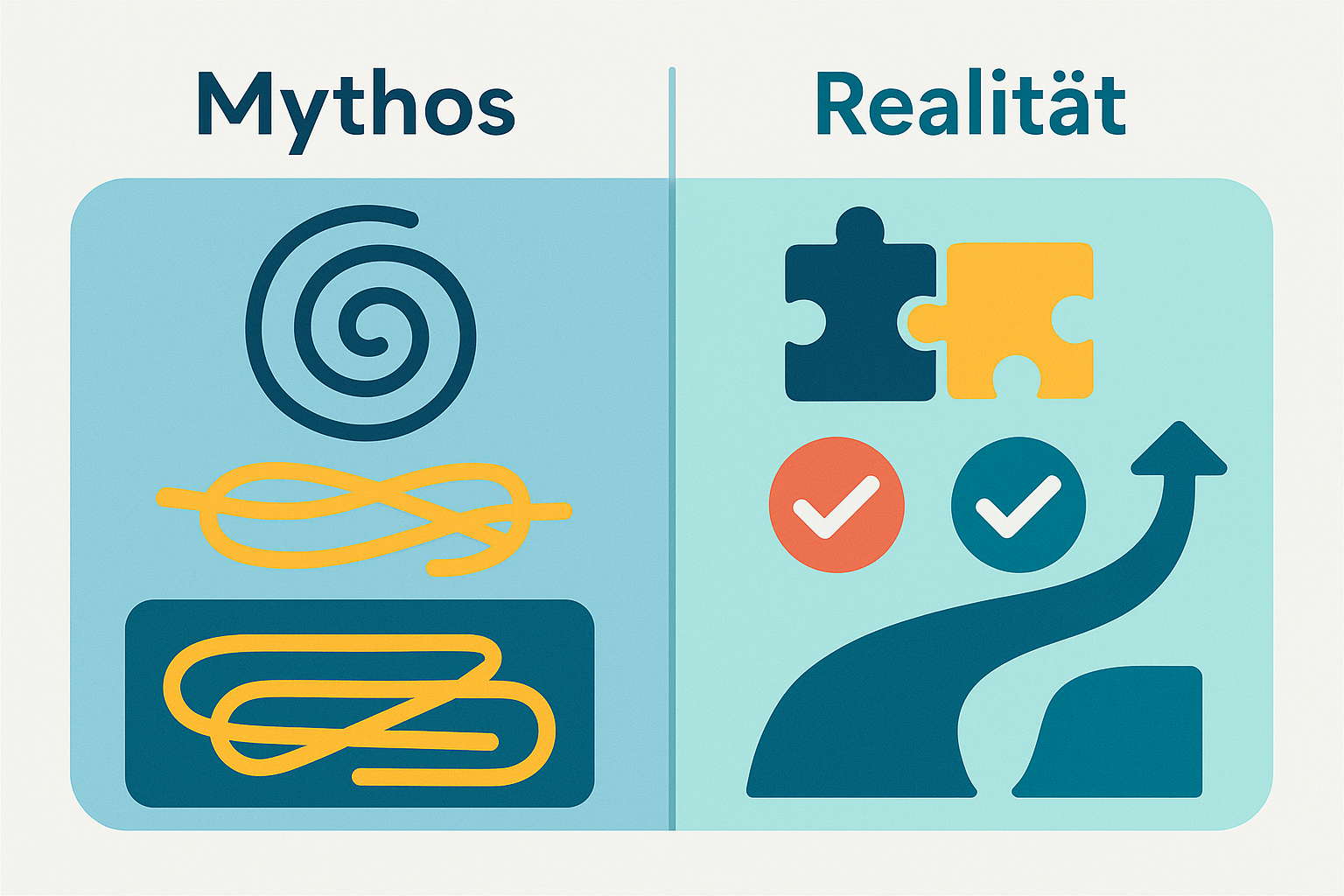 Warum Deutsch leichter als Englisch ist: Infografik Mythos vs. Realität mit klaren Symbolen