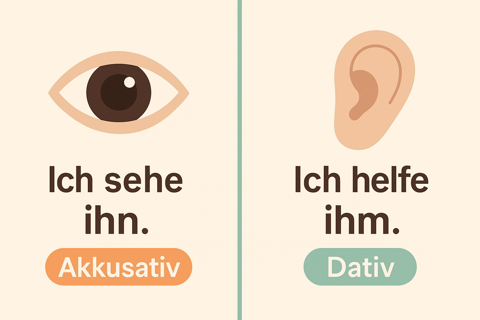 Infografik mit Auge (Akkusativ: „Ich sehe ihn.") und Ohr (Dativ: „Ich helfe ihm.").
