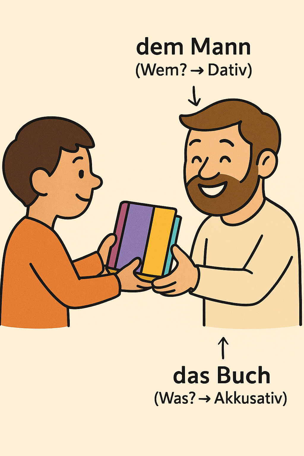 Cartoon zeigt eine Person, die einem Mann ein Buch gibt – Dativ und Akkusativ sind klar markiert.