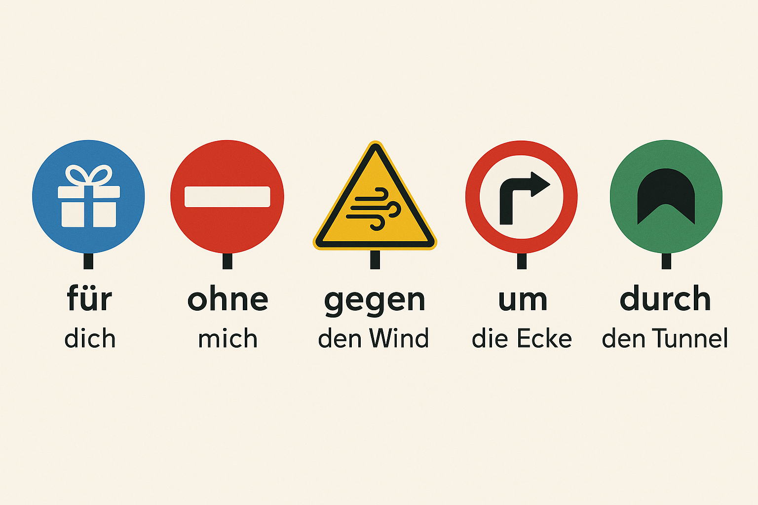 Fünf Verkehrsschilder zeigen Präpositionen, die immer Akkusativ fordern, mit Beispielsätzen.