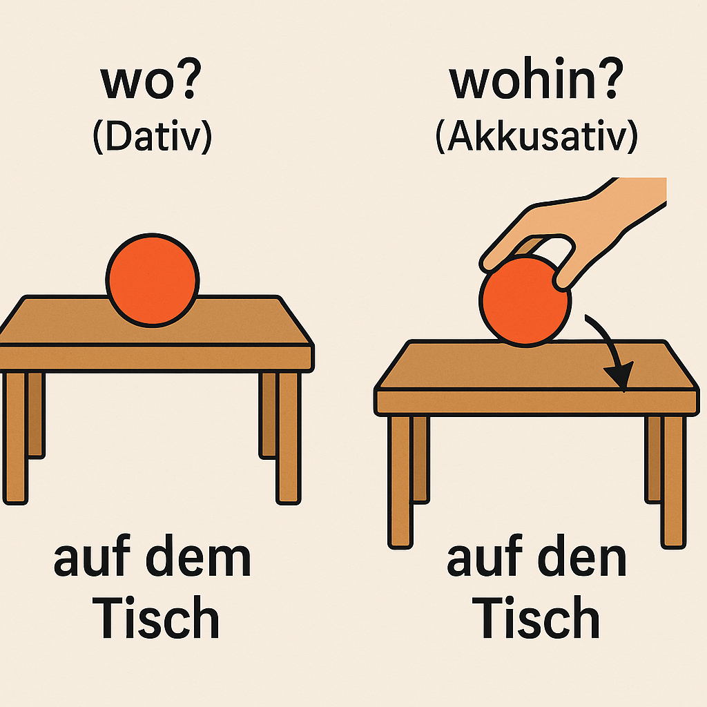 Vergleich zwischen ruhendem Ball (Dativ) und Bewegung zum Tisch (Akkusativ).