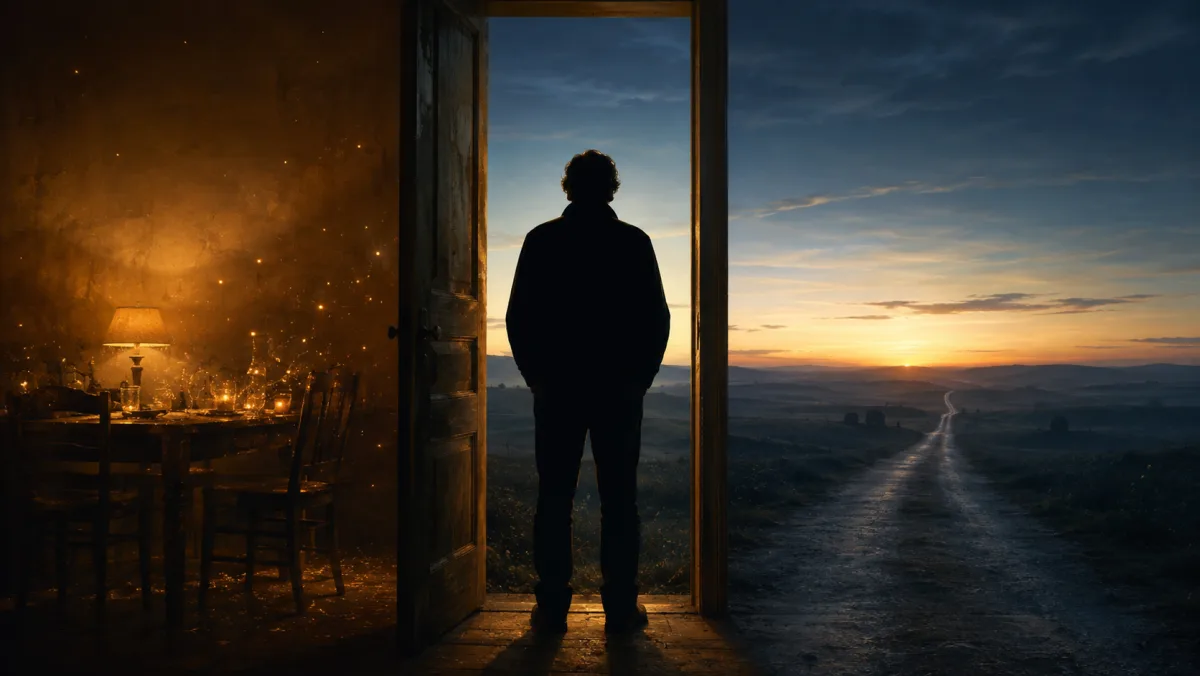 Silhouette in einer Tür: links der warme Nachglanz eines Festes, rechts eine offene Straße im Morgenlicht — zurückblicken oder nach vorn wünschen.
