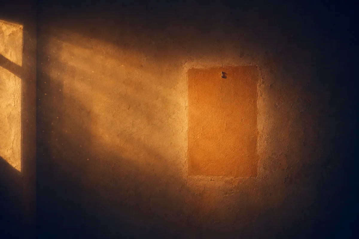 Sonnengebleichte Wand mit einem hellen, scharfen Rechteck, wo ein Bild hing — das Sinnbild für gratulieren oder wünschen und das fehlende Verb.