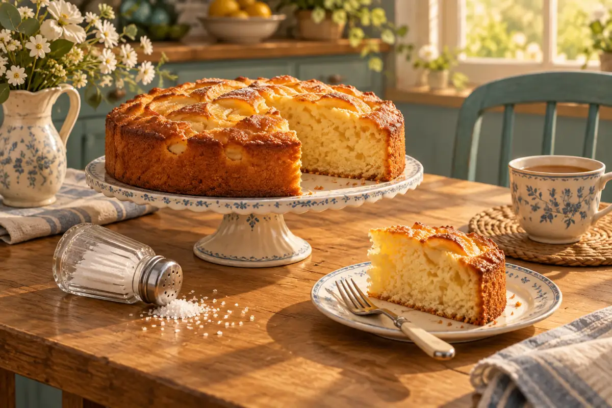 Ein Kuchen auf dem Küchentisch, daneben ein Salzstreuer statt der Zuckerdose – aber oder sondern: sieht super aus, aber schmeckt nach Salz