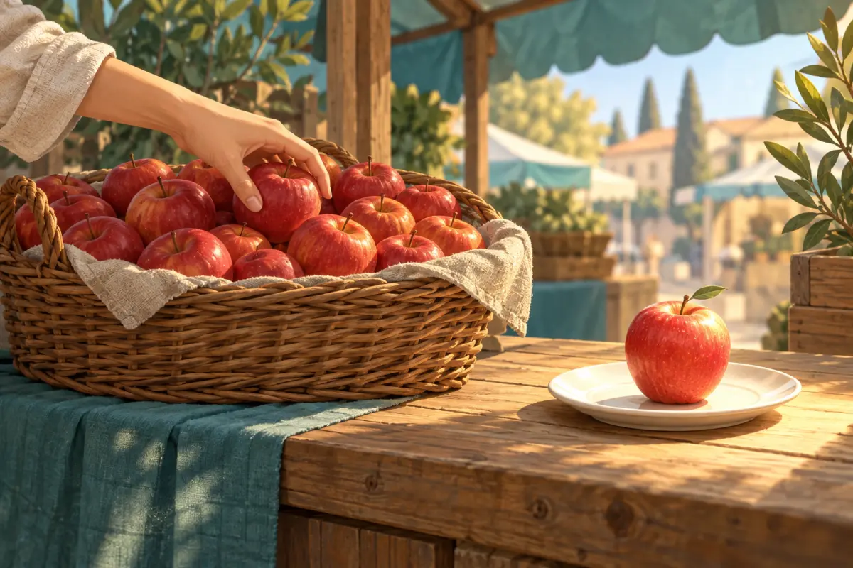 Ein Korb voller gleicher Äpfel auf einem Marktstand, eine Hand nimmt irgendeinen heraus, daneben ein einzelner Apfel auf einem Teller – einen oder einem: der unbestimmte Artikel im Dativ und Akkusativ.