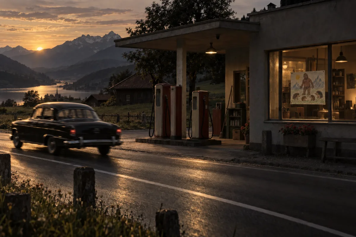 Eine Tankstelle an einer Schweizer Landstraße in der Abendsonne, ein schwarzes Auto fährt vorbei, im Fenster eine Kinderzeichnung mit Riese und Igeln – Es geschah am hellichten Tag.