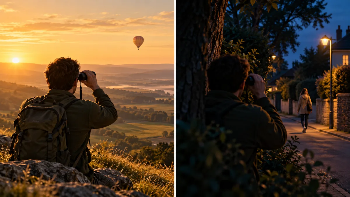 Dieselbe Person mit Fernglas, zweimal nebeneinander: links folgt sie einem Heißluftballon über einem Tal, rechts beobachtet sie hinter einem Baum einen Menschen auf der Straße – folgen oder verfolgen, harmlos oder bedrohlich