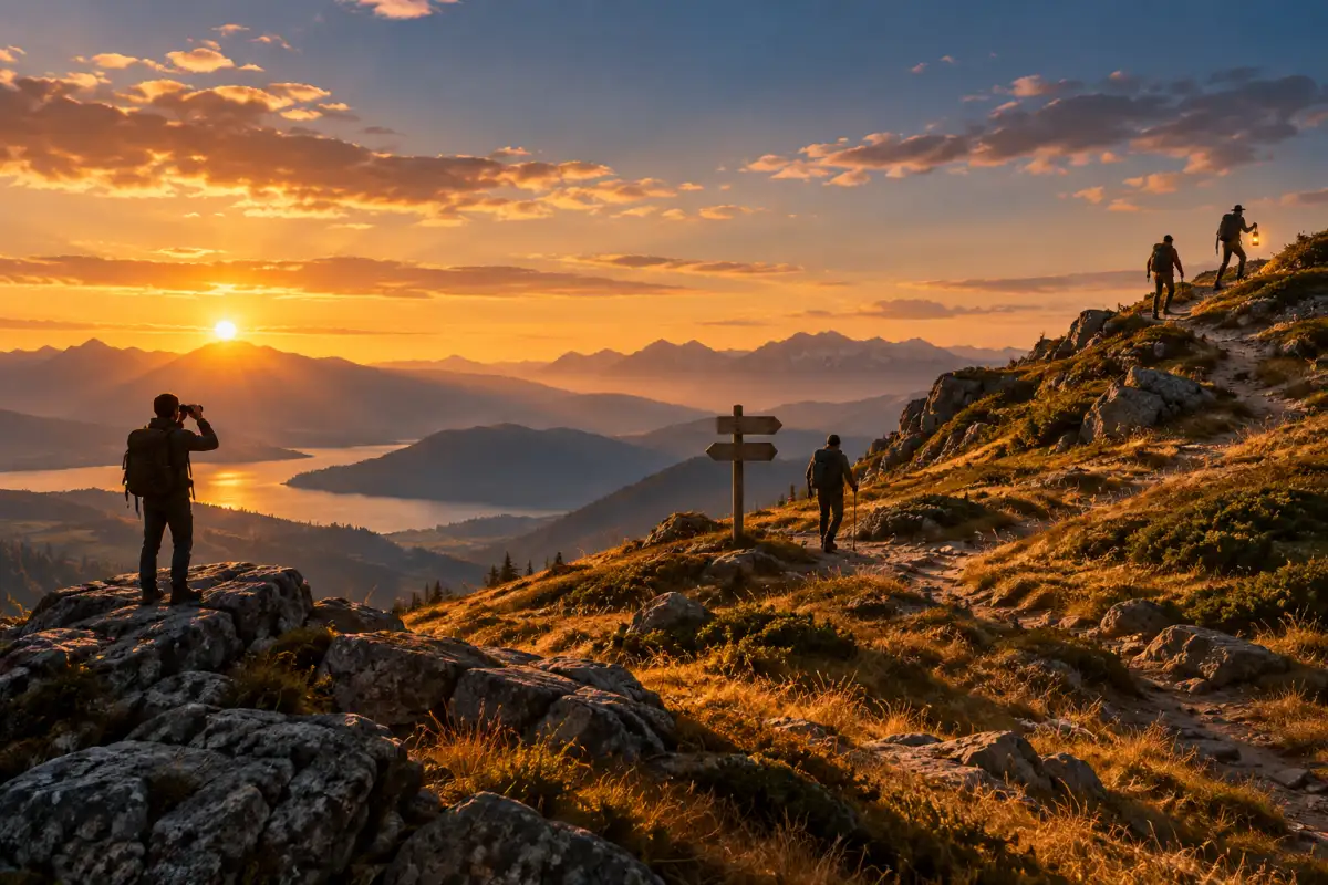 Ein Bergpfad im Abendlicht: oben geht ein Wanderer hinter einem Führer mit Laterne, in der Mitte folgt einer dem Wegweiser, vorne verfolgt einer alles mit dem Fernglas – folgen oder verfolgen, und dazwischen befolgen