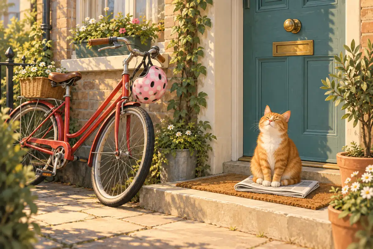 Ein rotes Fahrrad mit einem rosa Helm mit Punkten am Lenker vor einer Haustür – Genitiv bei Namen: Annas Fahrrad
