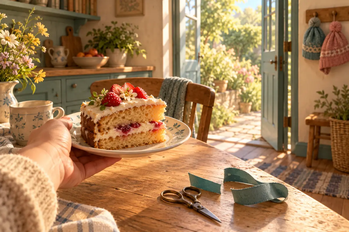 Eine Hand reicht über den Küchentisch ein Stück Kuchen, daneben eine kleine Schere und ein durchgeschnittenes Band – Imperativ du ihr Sie: nimm, kommt, kommen Sie