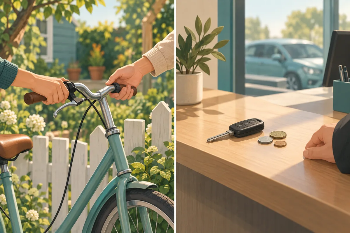 Links reichen sich zwei Hände ein Fahrrad über den Gartenzaun, rechts liegt ein Autoschlüssel neben Münzen auf einem Tresen – mieten oder leihen: die Beziehung entscheidet.