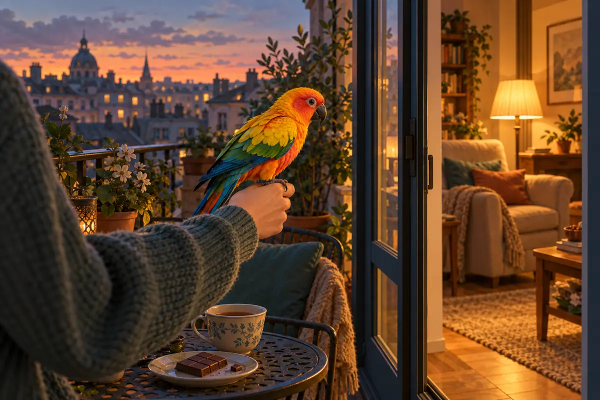 Ein bunter Papagei wird am Abend vom Balkon ins warme Wohnzimmer getragen – Modalverb dürfen: der Papagei darf nicht auf dem Balkon bleiben