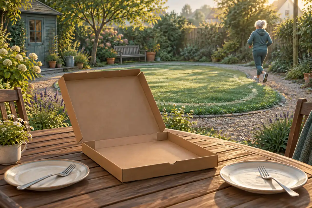 Oma läuft am Morgen um den Garten, auf der Terrasse liegt ein leerer Pizzakarton – Perfekt mit haben oder sein: ist gelaufen, hat gegessen