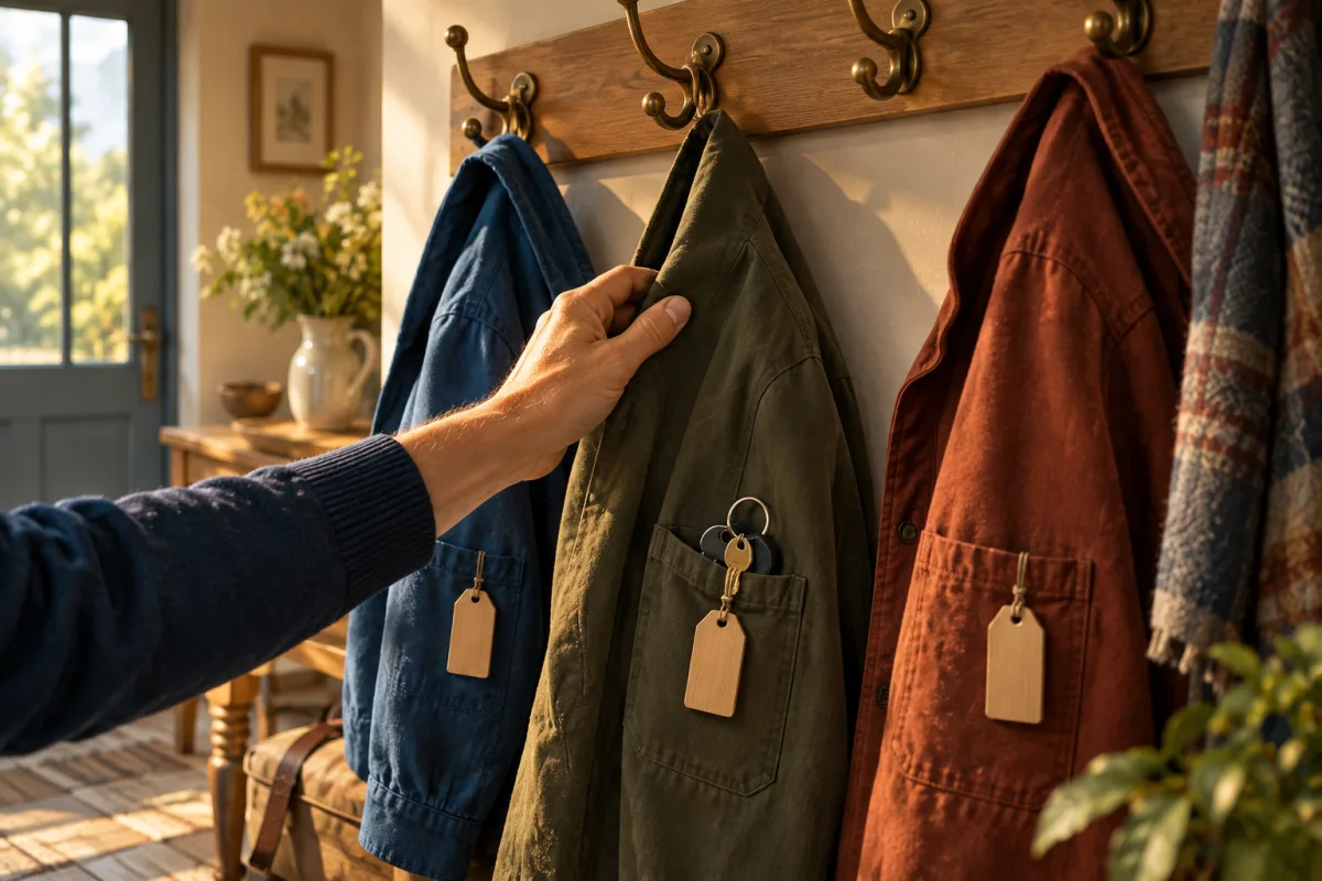 Drei Jacken am Haken, jede mit ihrem Anhänger, eine Hand greift nach einer – Possessivartikel Dativ oder Akkusativ: meinen, deinem, seiner.