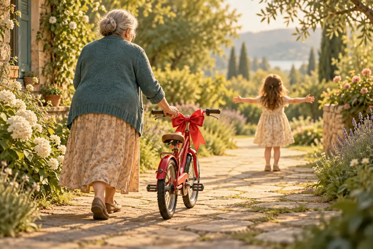 Eine Frau schiebt ein rotes Fahrrad mit Schleife zu einem Kind – Verben mit Dativ und Akkusativ: wer gibt wem was