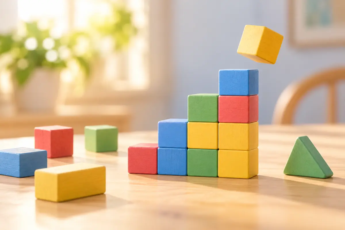 Bunte Holzbausteine auf einem Tisch, einige zu einer Treppe gestapelt, daneben lose Steine, die noch passen könnten – weise oder mäßig: Wörter bauen wie mit Lego