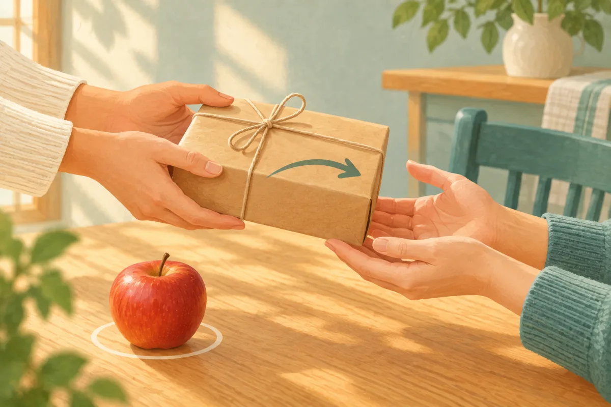 Ein Päckchen wird über den Tisch gereicht, daneben ein Apfel mit Zielring – wem oder wen: Empfänger und Ziel.