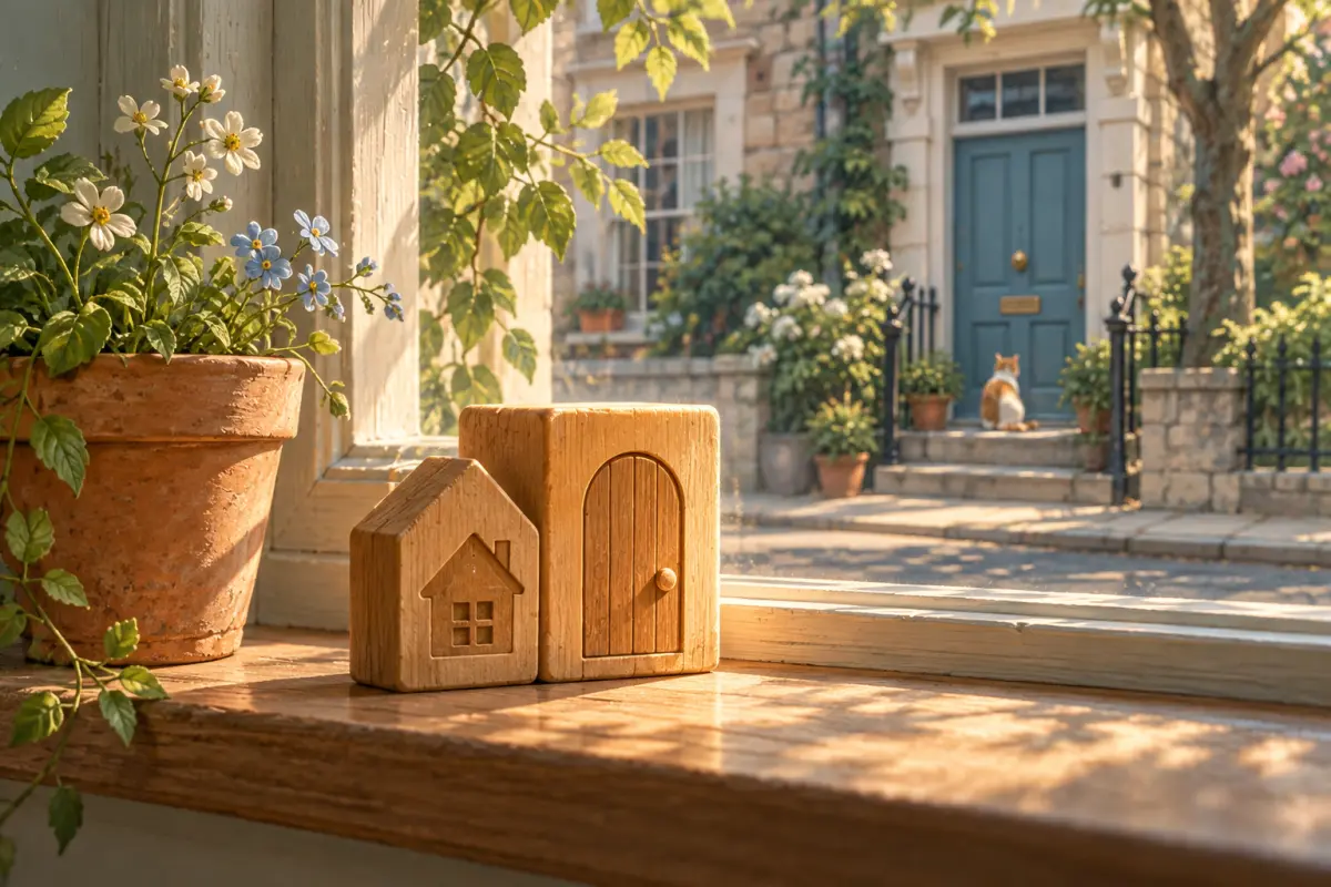 Zwei Holzklötze auf einer Fensterbank, ein kleines Haus und eine größere Tür, daneben ein Blumentopf – zusammengesetzte Nomen: das letzte Wort bestimmt den Artikel