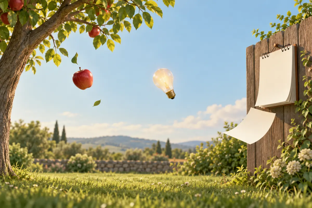 Ein ruhiger Morgen: ein Apfel fällt vom Baum, eine Glühbirne schwebt herab und ein Kalenderblatt fällt aus einem Kalender – einfallen oder auffallen, alles fällt, und niemand entscheidet