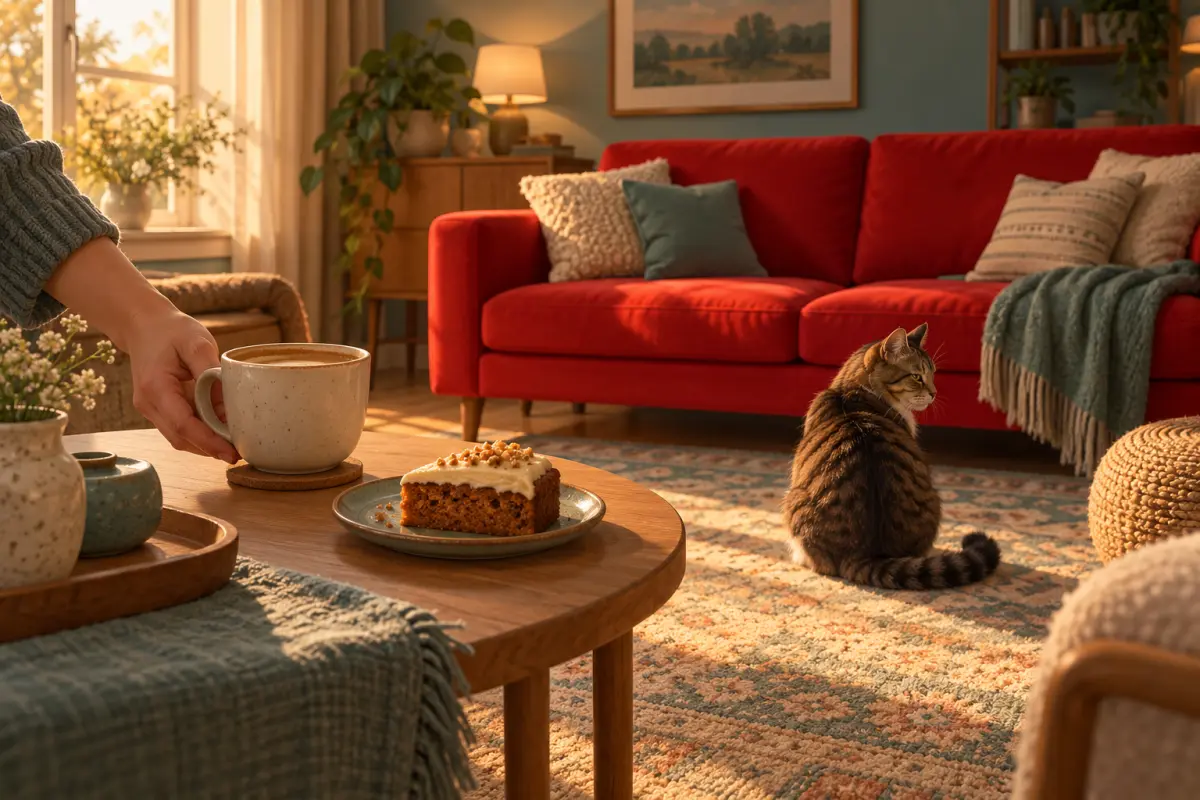 Eine Hand stellt einen Milchkaffee neben ein Stück Kuchen, hinten sitzt eine Katze abgewandt vor dem neuen roten Sofa – Konjugation von möchten und mögen: ich möchte einen Kaffee, die Katze mag das Sofa nicht