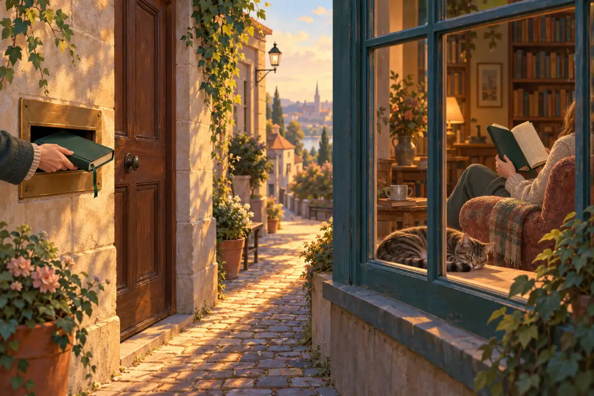 Eine Hand schiebt ein Bibliotheksbuch durch den Rückgabeschlitz einer kleinen Bibliothek, daneben liest jemand im Sessel dasselbe Buch noch einmal, eine Katze auf der Fensterbank – wieder oder zurück: Zeit oder Richtung